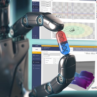 Die Hand des Roboters hält eine blaue und rote Pille