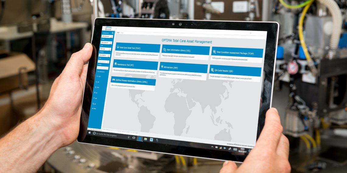 Smart Services von Optima: Das Tcam Portal ermöglicht beispielsweise den Zugriff auf Dokumente und Bedienungsanleitungen, Informationen zu Ersatzteilen, Videos und Tutorials, Wartungstools sowie auf die Linienmanagement-Software Opal – direkt an der Maschine. (Bild: Optima)