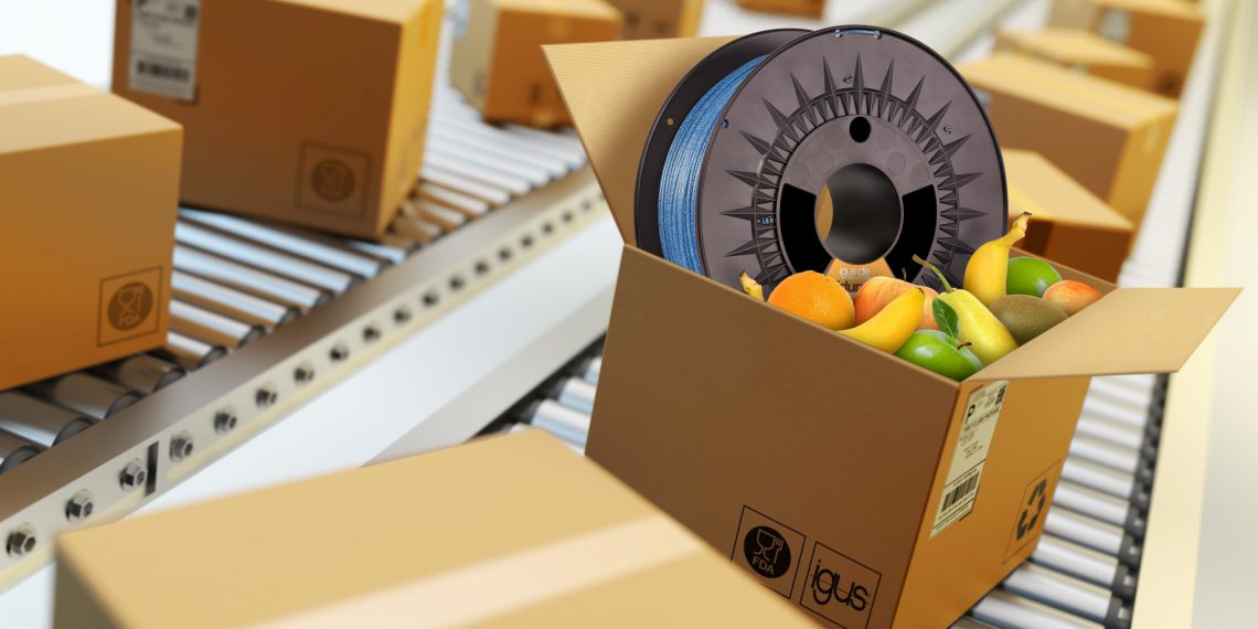Sauber verpackt: Mit Iglidur A350-PF bietet Igus jetzt seinen bewährten Gleitlagerwerkstoff auch als FDA- und EU-konformes Filament für die additive Fertigung von temperaturbeständigen und schmierfreien Verschleißteilen an. (Bild: Igus)