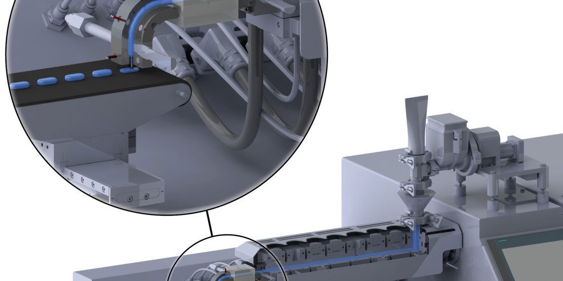 3D-Druckkopf (Einsatz) mit der speziell entwickelten Schmelzextrusionseinheit zur Herstellung von Tabletten in Klein- und Kleinstchargen. (Bild: TH Köln)